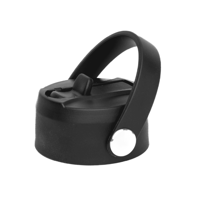 A drink bottle lid in black with a handle, designed for a vacuum bottle, featuring a closure mechanism.