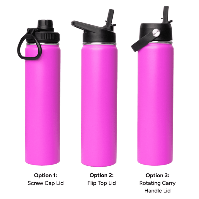 A drink bottle in vibrant pink featuring three different lid options: screw cap, flip top, and rotating carry handle.