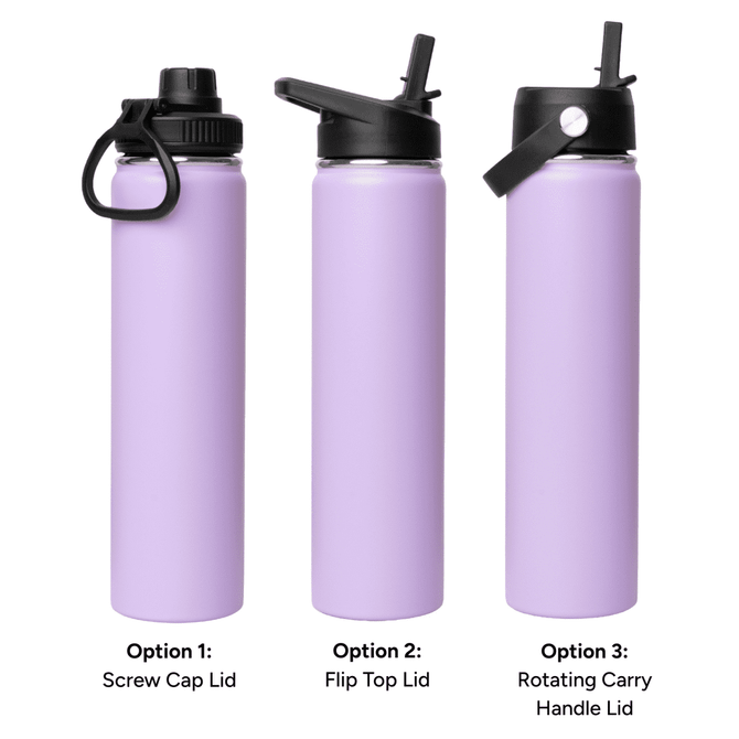 A drink bottle set featuring three 750ml vacuum bottles in lavender, each with different lid options: screw cap, flip top, and rotating carry handle.