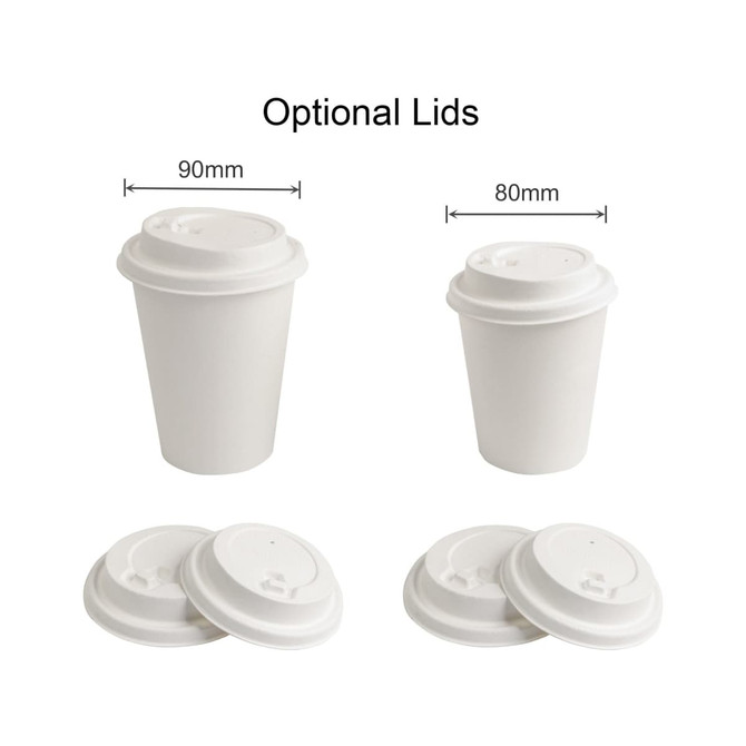 Two white compostable paper cups with optional lids are displayed, highlighting their sizes. A logo is visible.