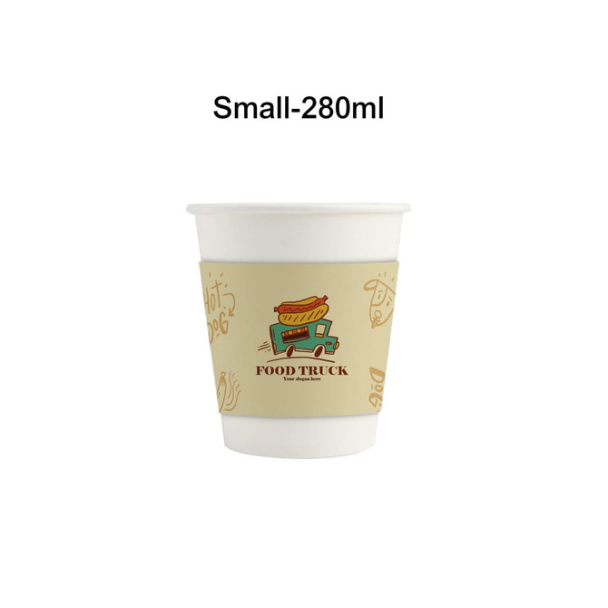 A white paper cup with a tan sleeve featuring a food truck illustration and text. Capacity is 280ml.
