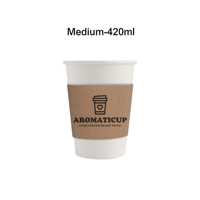 A white single wall paper cup with a brown sleeve and a logo, suitable for drinks.