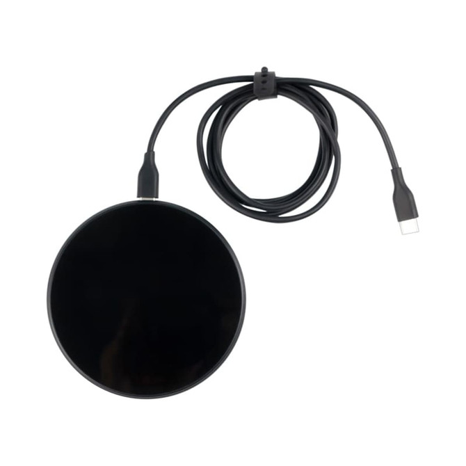 A black circular wireless charger with a cable, designed for charging devices.