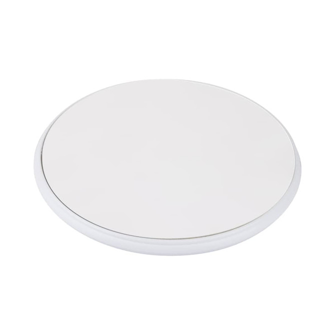 A round, white eco wireless charger with a smooth surface and a thin profile. It features a logo on the design.