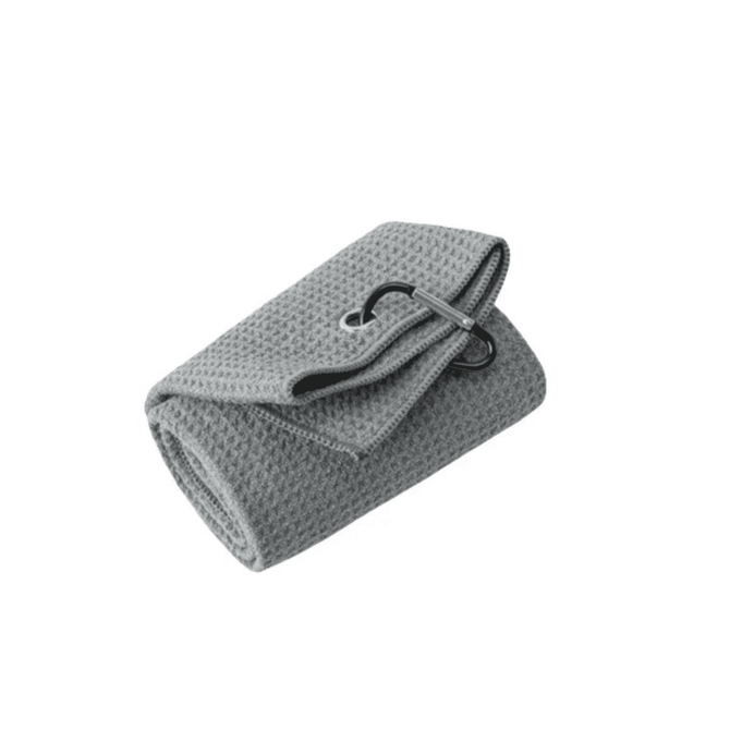 A grey, textured towel neatly rolled and secured with a carabiner clip, featuring a branding logo.