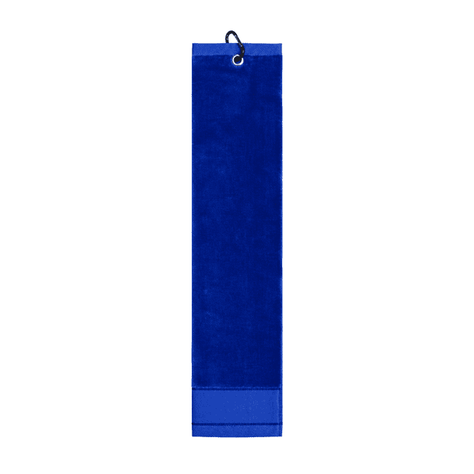 A blue cotton golf towel with a loop for hanging. Features a simple design and soft texture.
