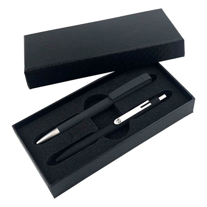 A black gift box containing a black pen and a silver pen, secured in foam padding.