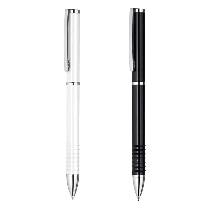A gift set of two pens, one white and one black, featuring a sleek design and a branded logo.
