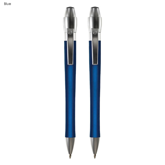 A blue metal pen gift set with a sleek design and a silver clip, featuring two matching pens.