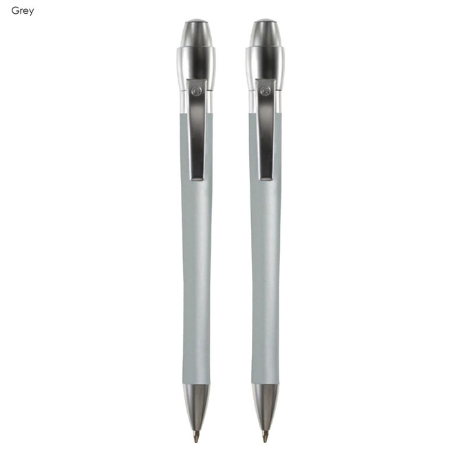 A grey metal pen gift set featuring two pens with a sleek design and silver accents. Includes a branding logo.