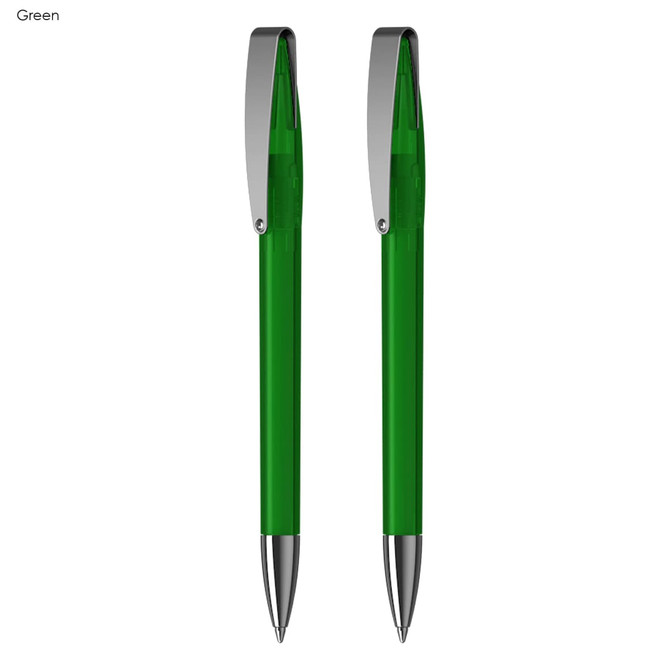 A green pen with a glossy finish and a silver clip, featuring two pens in the set.