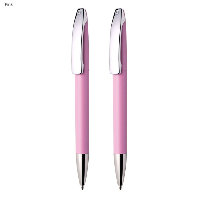 A pink writing set featuring two plastic pens with silver accents and a smooth design.