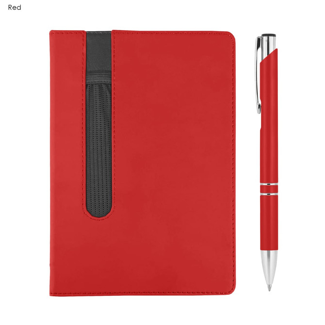 A red notebook with a black pocket and a silver accent pen. Both items are part of a gift set.