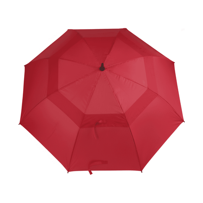 A red golf umbrella with a central handle and a sturdy, octagonal design. It features a logo on the canopy.