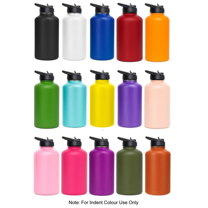 A drink bottle collection featuring various colours, including black, blue, orange, white, green, purple, and pink, with flip top lids.