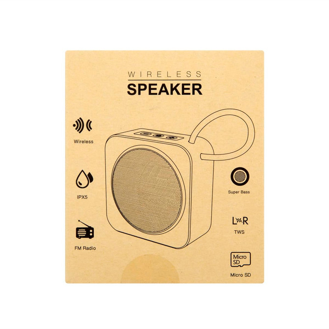 A wireless mini speaker in white, featuring a carry handle and various control buttons, with an IPX5 rating and a microphone.