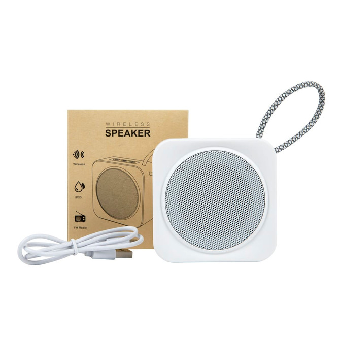 A white square wireless speaker with a textured front, accompanied by a box and a charging cable, featuring a logo.