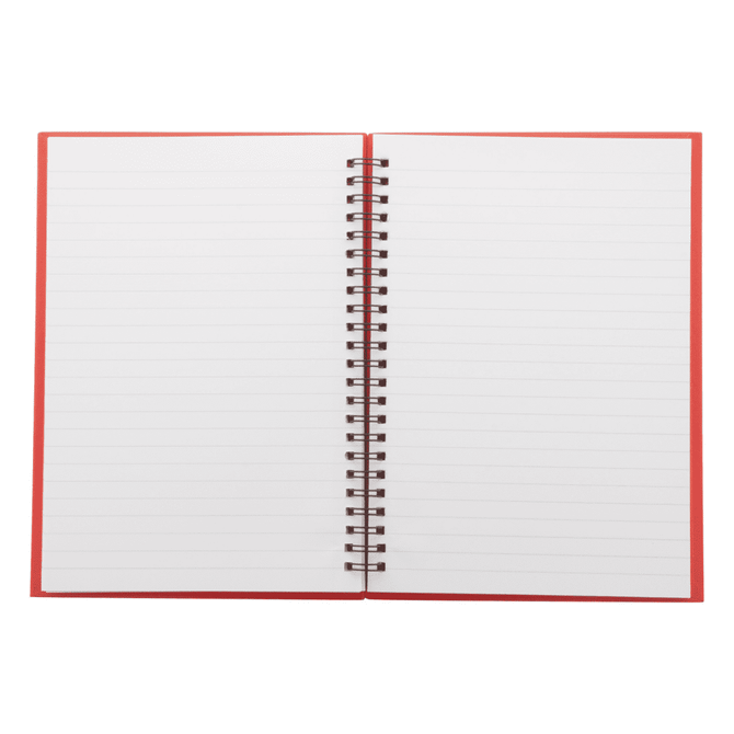 A spiral bound notebook with plain white lined pages and a red cover. It has a logo on the front.
