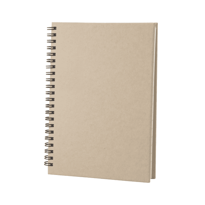 A spiral-bound A5 notebook in a beige cover, featuring a black spiral binding. It has a simple, plain design.