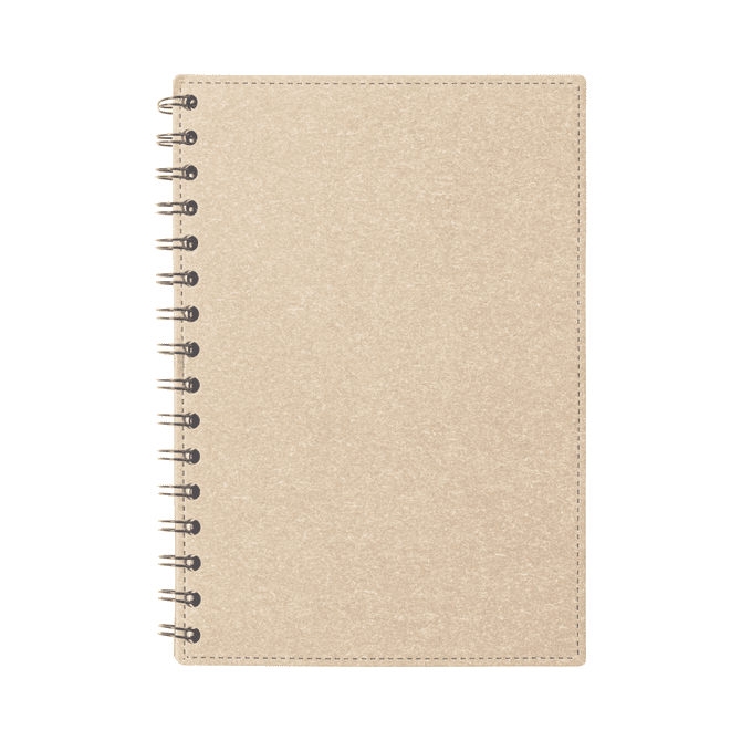 A beige spiral-bound notebook featuring a textured cover and black metal binding.