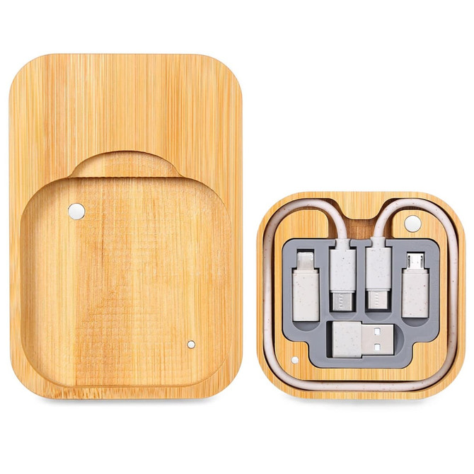 A bamboo charging set featuring multiple cables in gray compartments, presented in a natural wood holder.