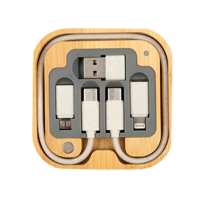 A bamboo charger set featuring multiple charging cables in grey and white, neatly organized in a compact design.