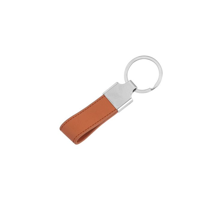 A PU leather keyring in tan with a metal keyring attachment. It features a sleek, simple design.