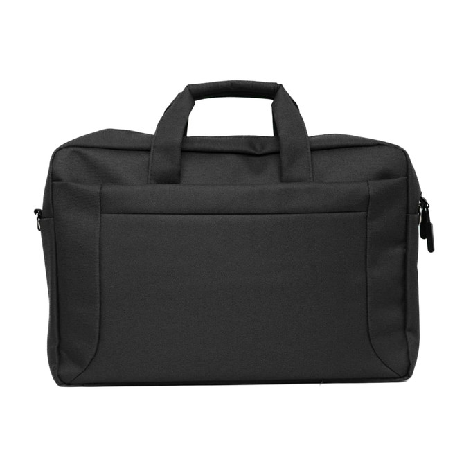 A black laptop bag with two handles, featuring a zip closure and a front pocket. It has a simple design and a logo.