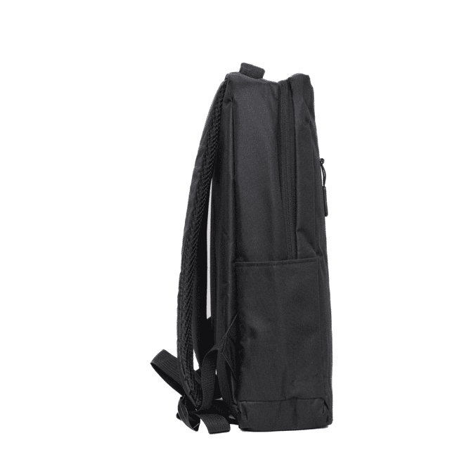 A black backpack featuring a slim profile, adjustable straps, and a side pocket. It includes a logo.