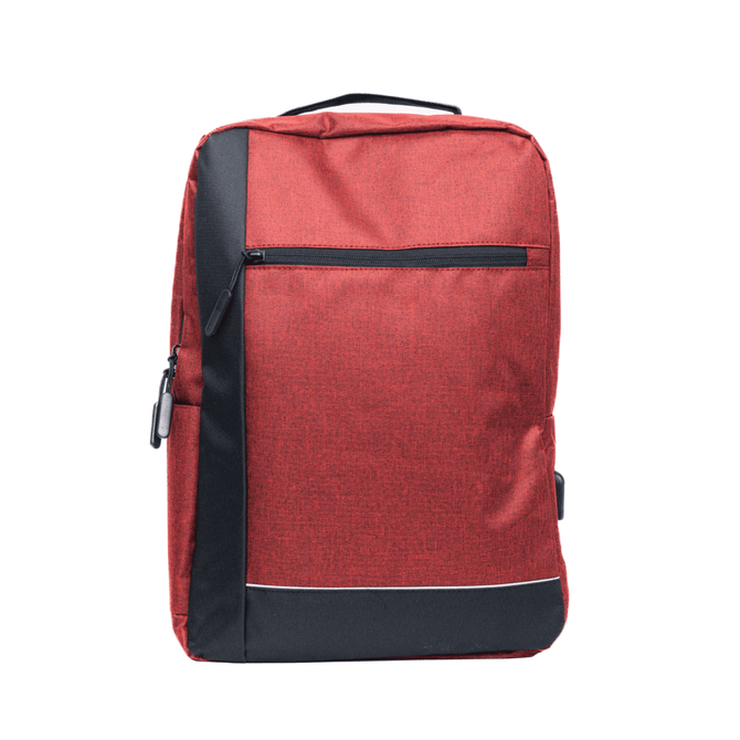 A red backpack features a front zipper pocket and a black panel accent, along with a loop for carrying.