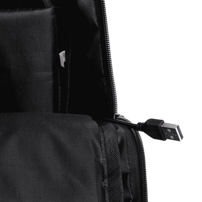 A black backpack with a visible USB charging cable inside. It features various compartments and a sleek design.