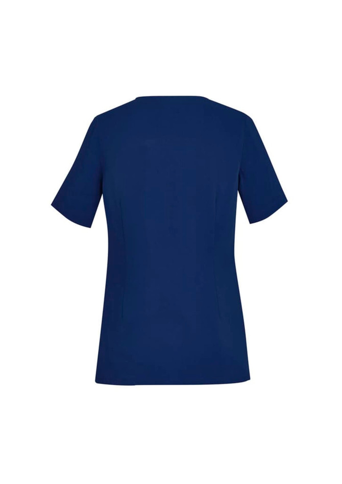 A navy blue women's scrub top with short sleeves and a round neck design, featuring a logo.