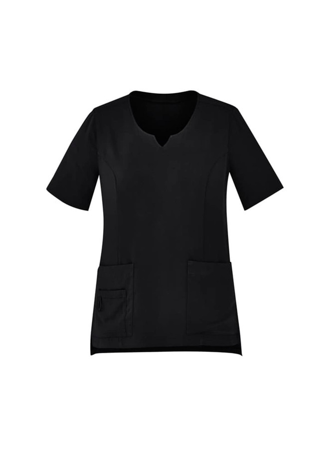 A round neck women's scrub top in black with short sleeves and two front pockets.
