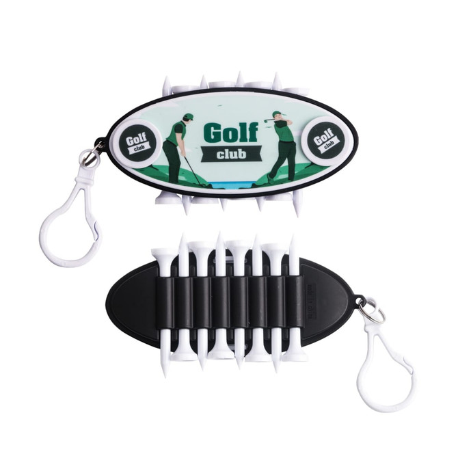 A golf tee set featuring white tees and a black holder, complete with a logo and a clip for easy attachment.