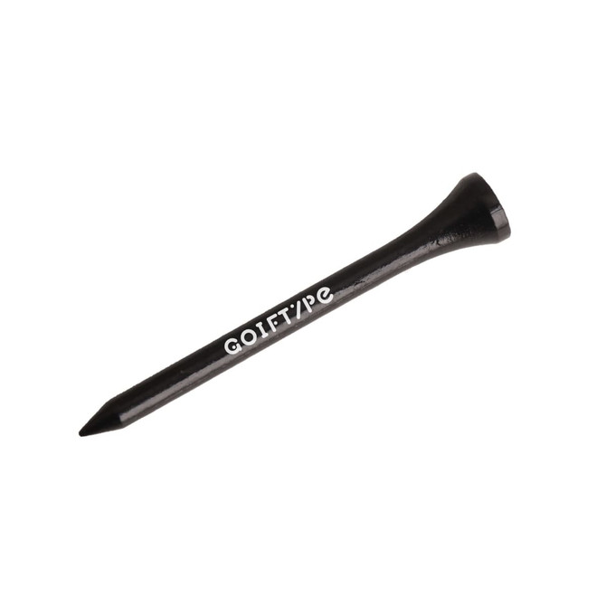 A bamboo golf tee in black with a tapered design and a round head, featuring a logo.