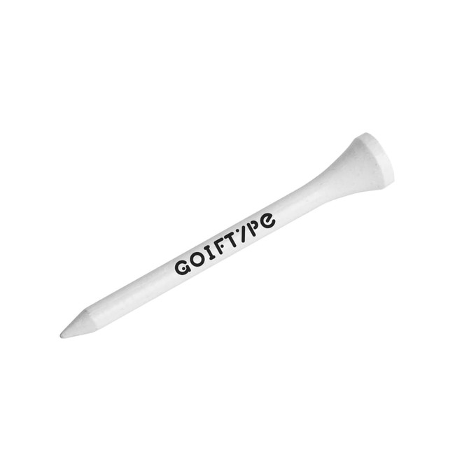 A white bamboo golf tee with a rounded top and a pointed end, featuring a logo on its surface.