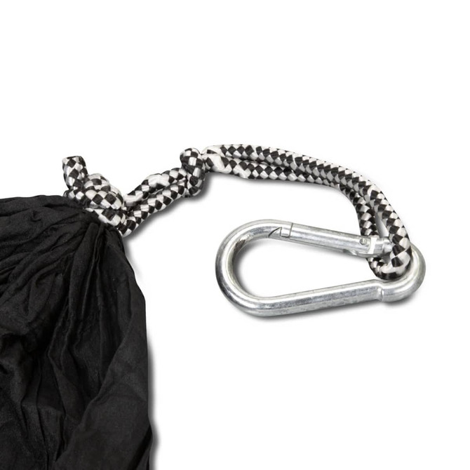 A black outdoor hammock with a carabiner and patterned rope attachment. It features a durable design for outdoor use.