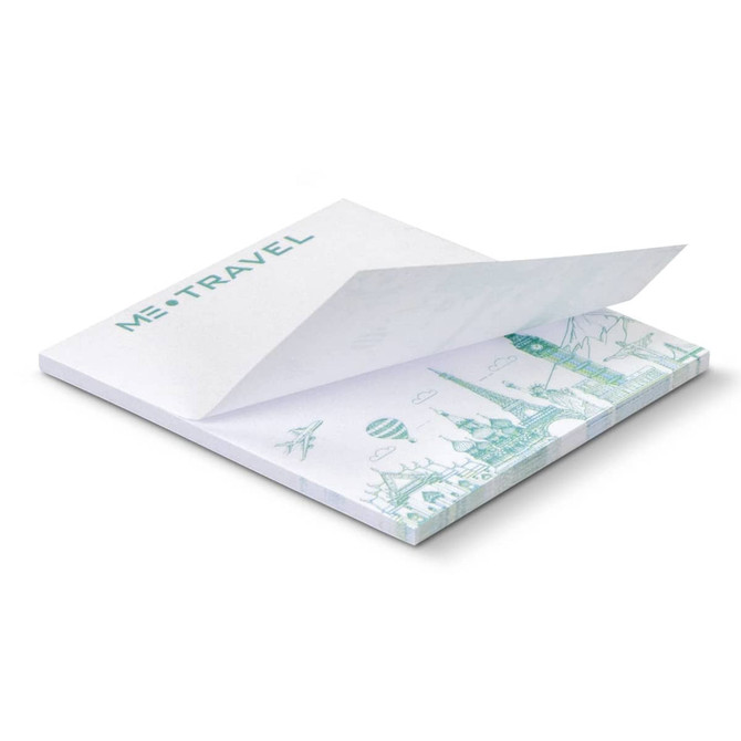 A stack of sticky note pads in white with a decorative edge featuring a travel theme. Includes 25 sheets, measures 70 x 75mm.