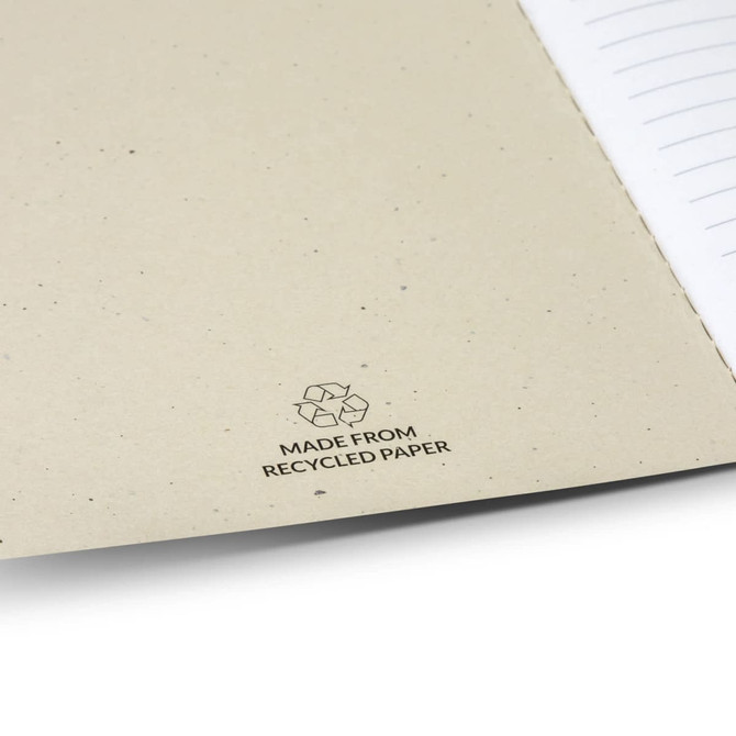 A soft cover notebook in a natural beige colour with lined pages and a logo indicating it's made from recycled paper.