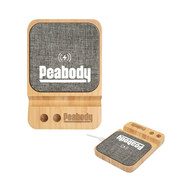 A wooden wireless charger with a textured grey top and a logo. It features two holes beneath the charging surface.