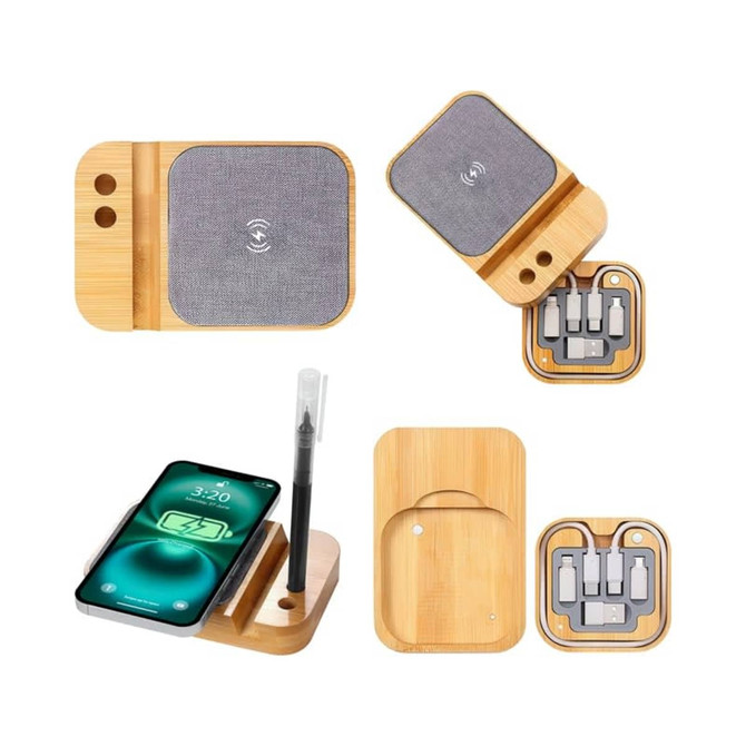 A bamboo wireless charger with a grey fabric surface, featuring a holder for a pen and compartments for cables.