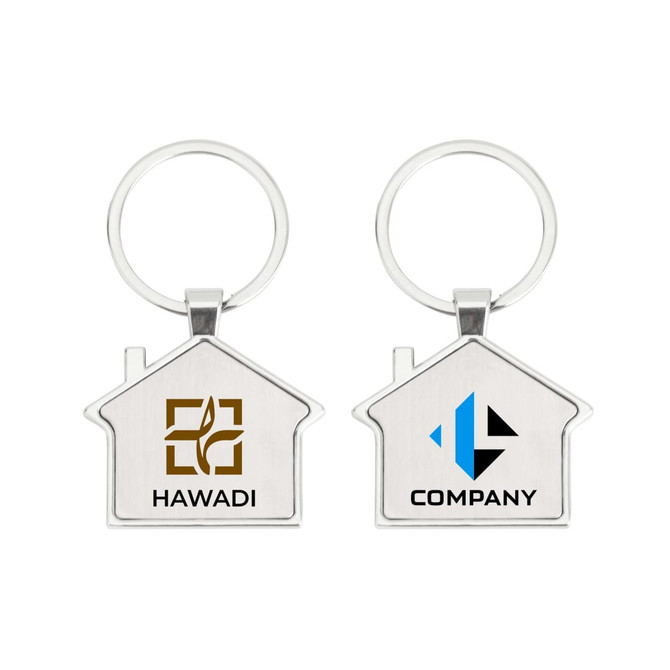A metal keyring shaped like a house, featuring two logos in brown and blue on either side.