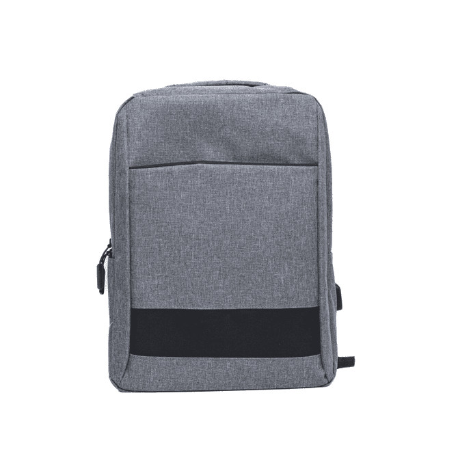 A grey, textured backpack with a black bottom panel and a front pocket, featuring a logo.