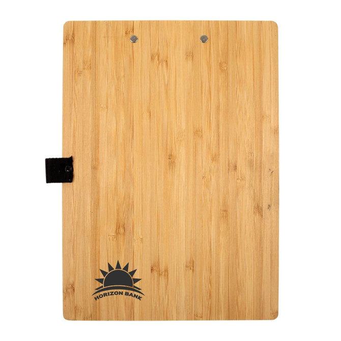 A bamboo A4 clipboard with a black clip and a logo on the bottom. The surface has a natural wood grain finish.