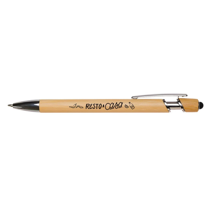 A bamboo pen featuring a wooden barrel, silver accents, and a logo. It is designed for writing.