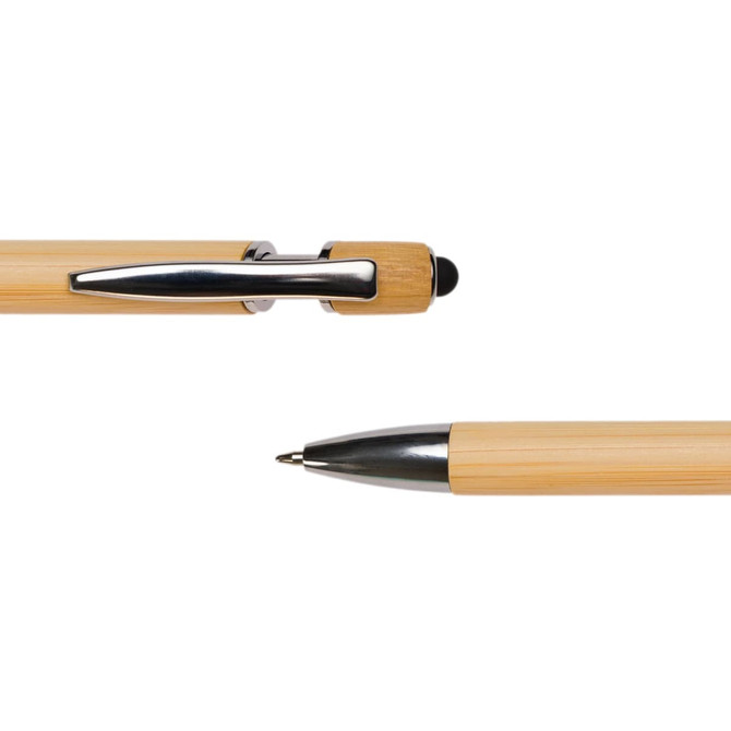 A wooden bamboo pen with a sleek silver clip and tip, featuring a logo on the barrel.