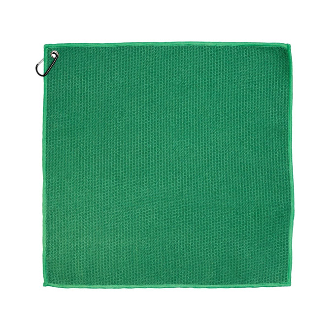 A green Rhino Travel Towel with a textured surface and a clip for easy attachment.