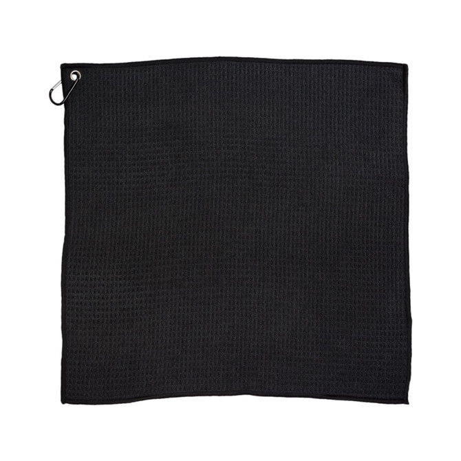 A black, textured travel towel with a corner loop for hanging. It has a simple design and a towel-like appearance.