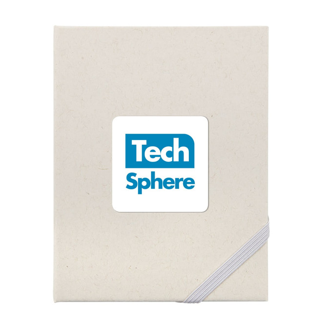 A white planner with a small blue logo on the cover and an elastic strap closure.