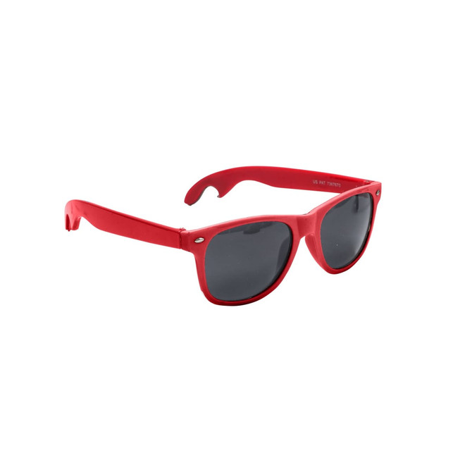 A drink bottle opener is integrated into bright red sunglasses with dark grey lenses. The sunglasses feature a logo.